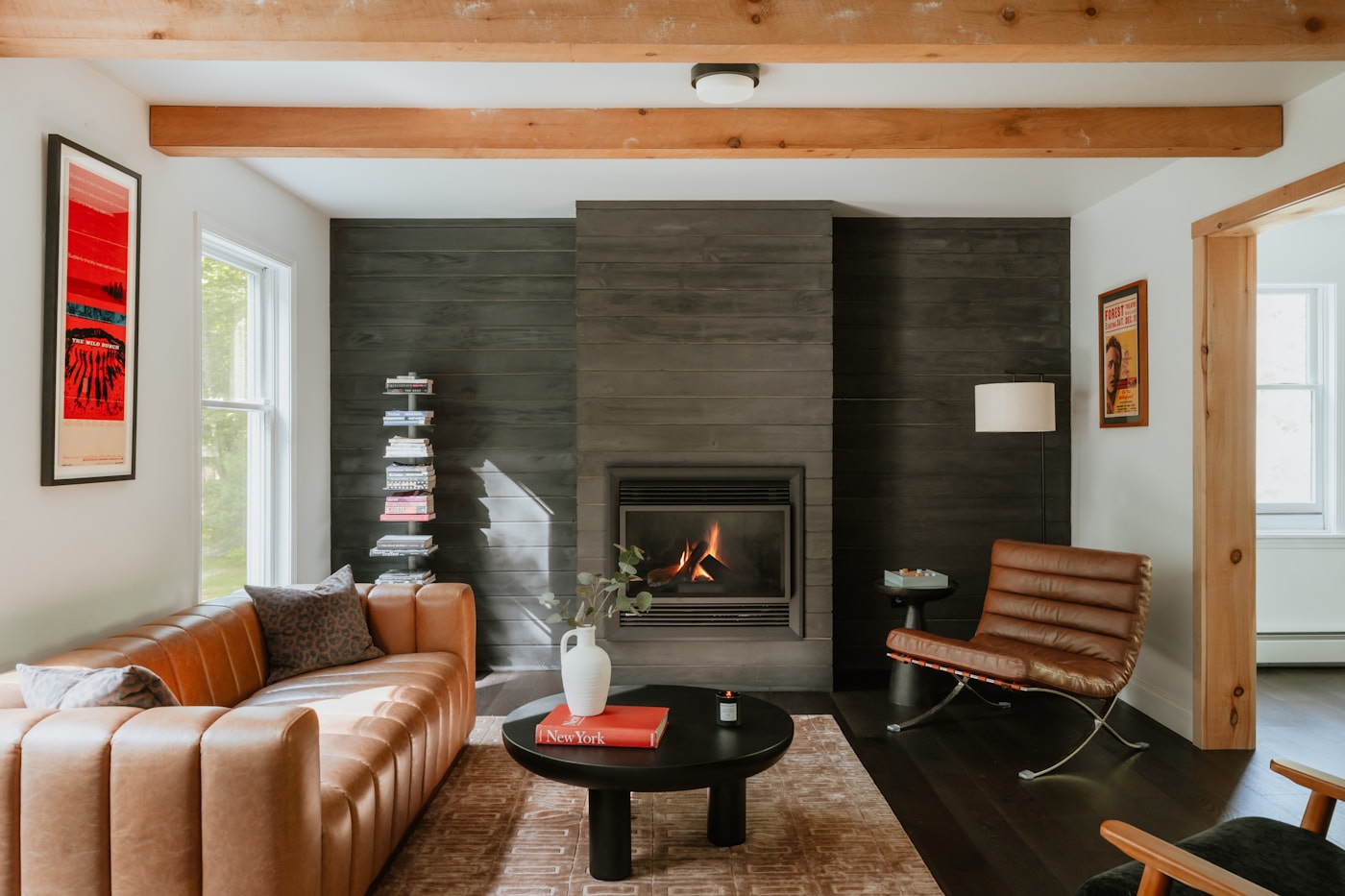 Warm living room with leather sofa